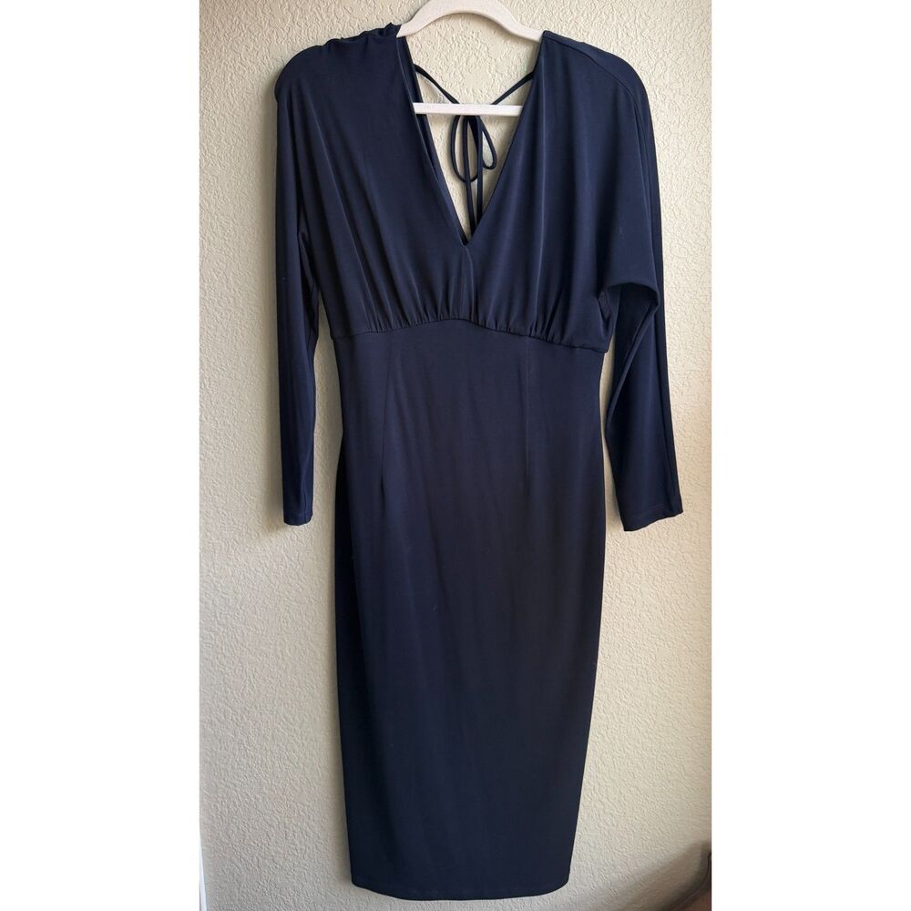Maggy London Navy Deep V Tie Back Long Sleeve Midi Dress Womens 6